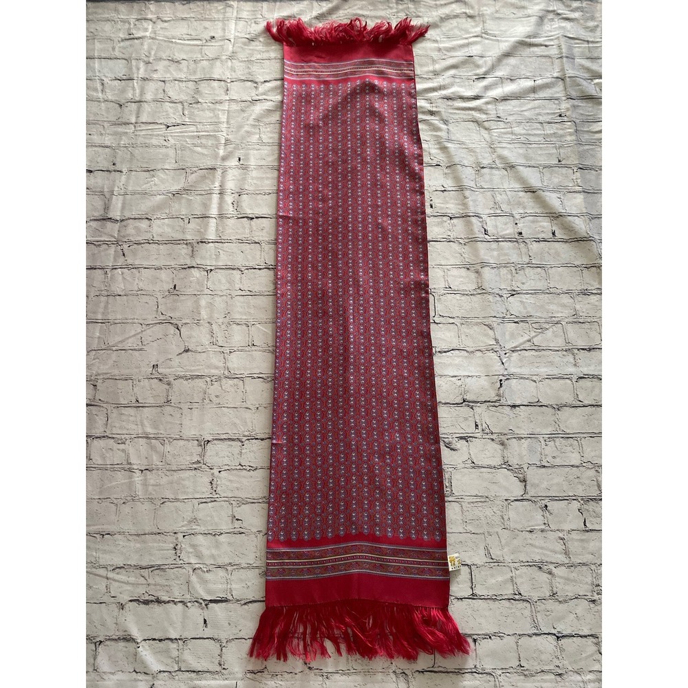 Japanese 100% Silk Fringe Vintage Red White Blue Rectangular Scarf 12"x45" NWOT - Picture 7 of 16